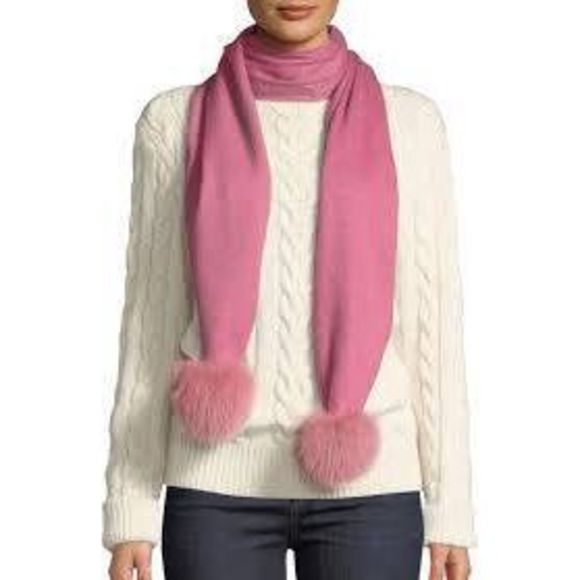 Gorski Cashmere Scarf Fox Fur Pom Poms NWT Pink - Picture 1 of 8